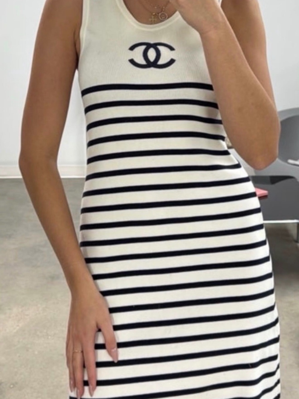 CHANEL Cream and Black Striped Sleeveless Midi Dress